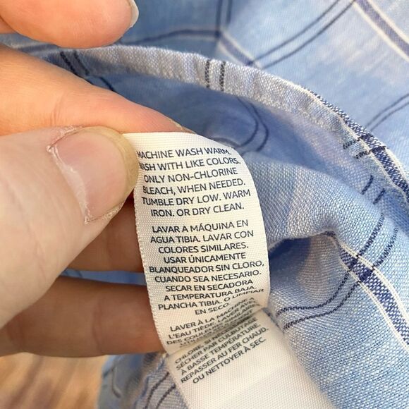 Buttoned Down Linen Cotton Plaid Casual Shirt Men Blue Medium Long Sleeve - Picture 4 of 6